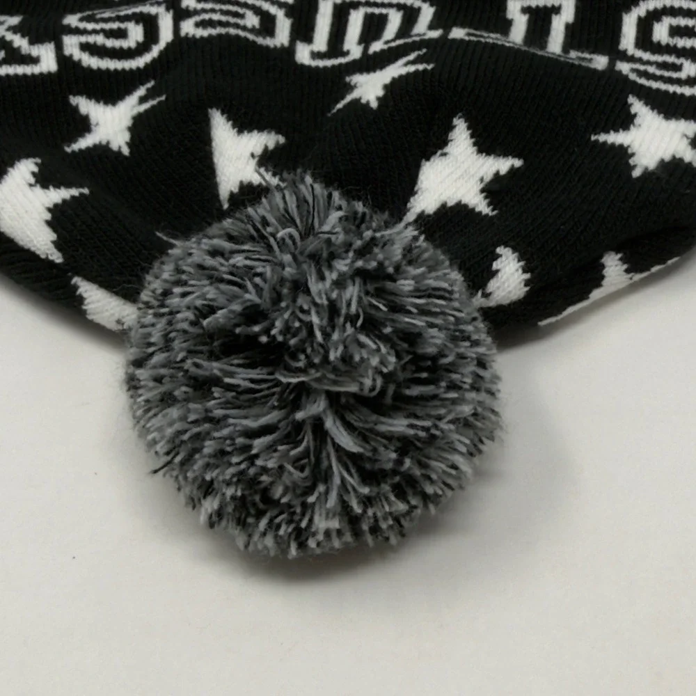 Stussy Star Pattern Knit Pom Cuffed Beanie Black Grey White Unisex OSFM EUC